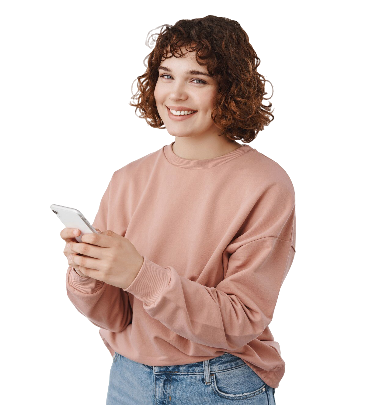 woman-texting-message-using-smartphone-mobile-app-smiling-happy-camera-messaging-chat-application-standing-white